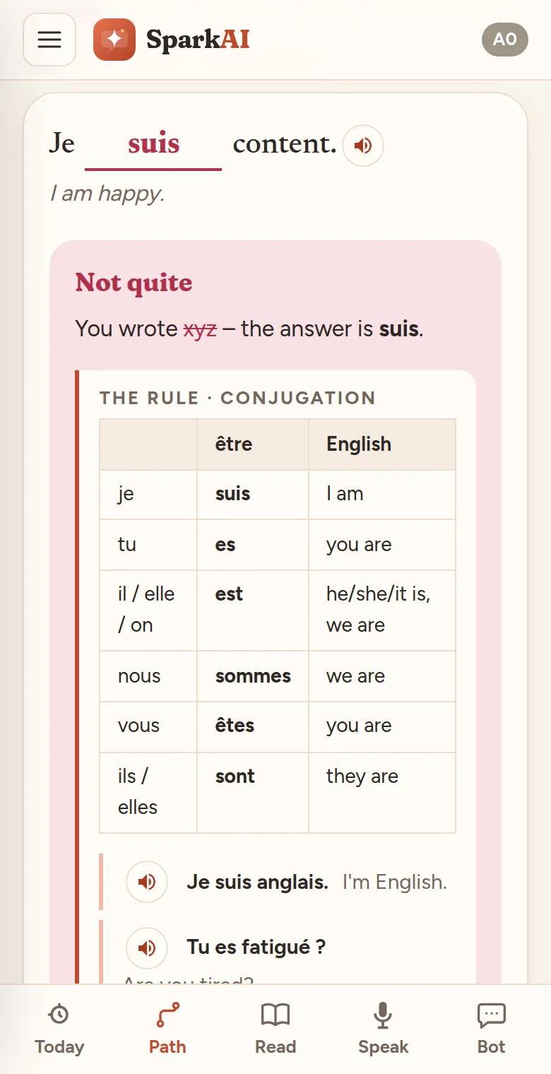 A wrong answer showing the rule from the lesson and the correct answer