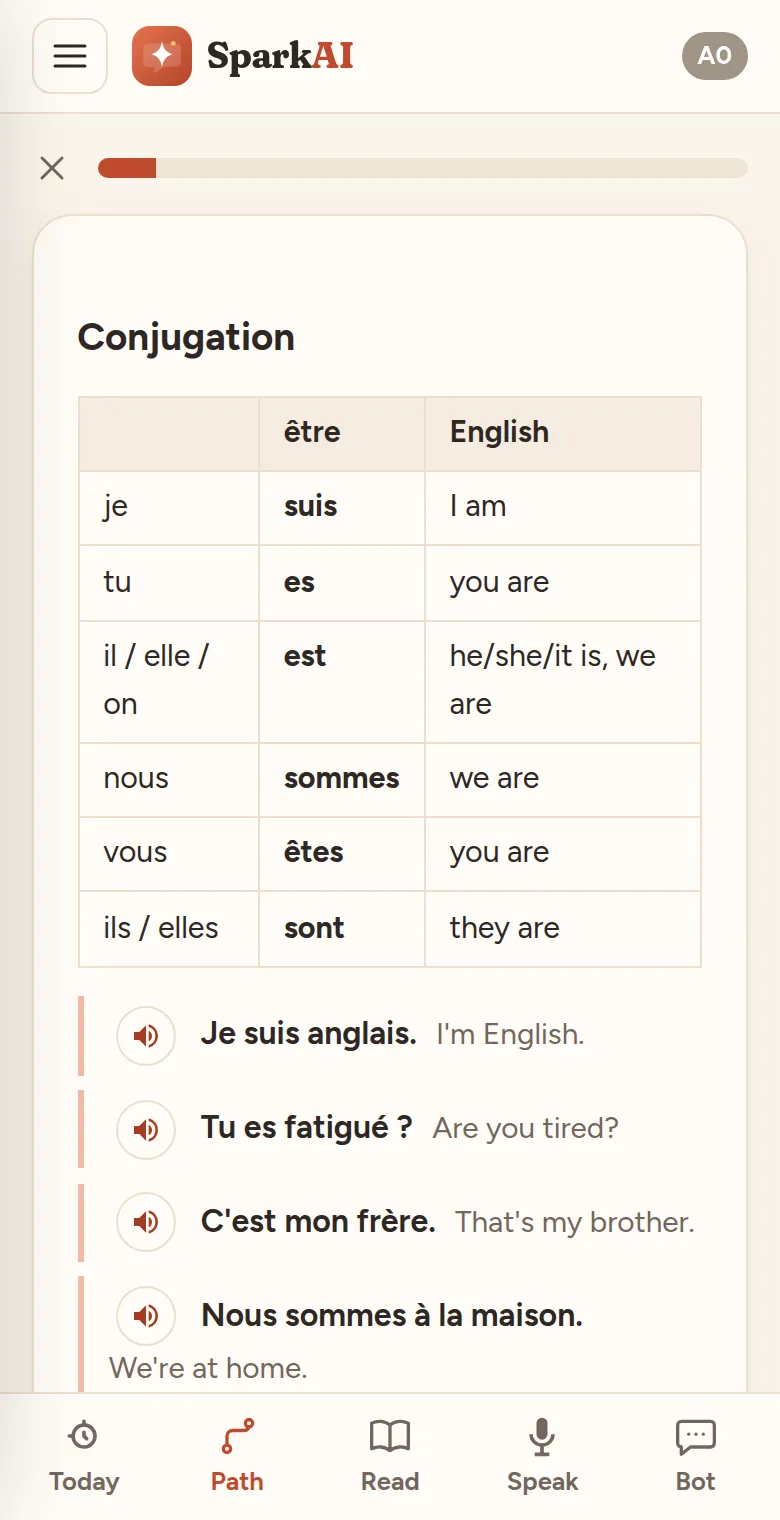 A bite-sized grammar lesson card explaining the conjugation of être