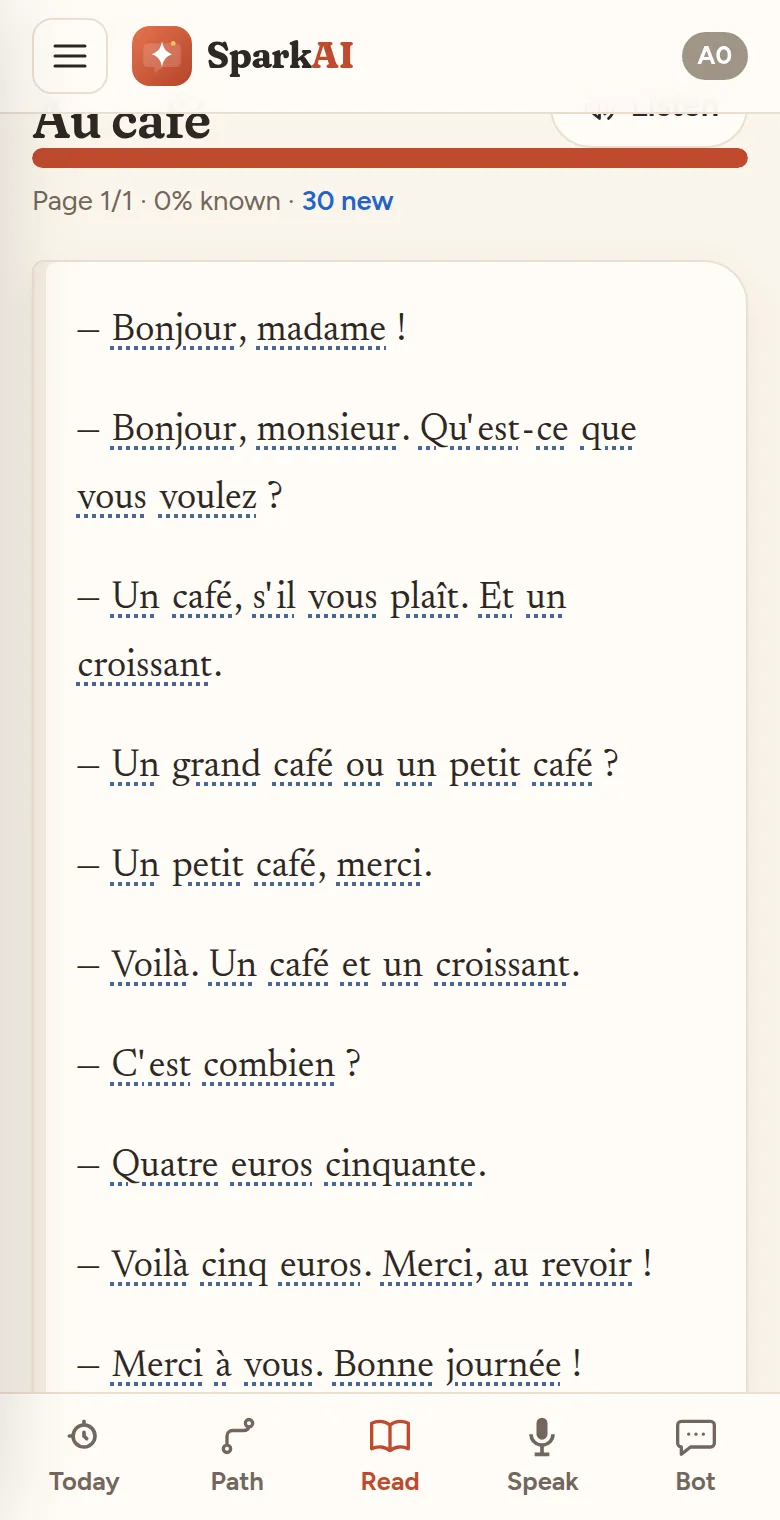 The SparkAI reader with a French story and highlighted words